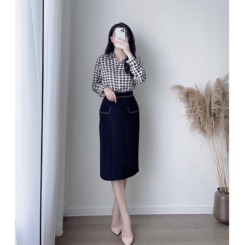 Chân Váy Công Sở Dáng Bút Chì Viền Trắng Túi Giả Zym's House - CV282