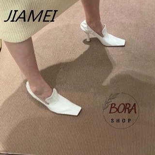 [ Sẵn trắng 37]- Giày cao gót nữ xuất xịn Hàn Quốc BORA SHOP mũi vuông bo chun sau gót order