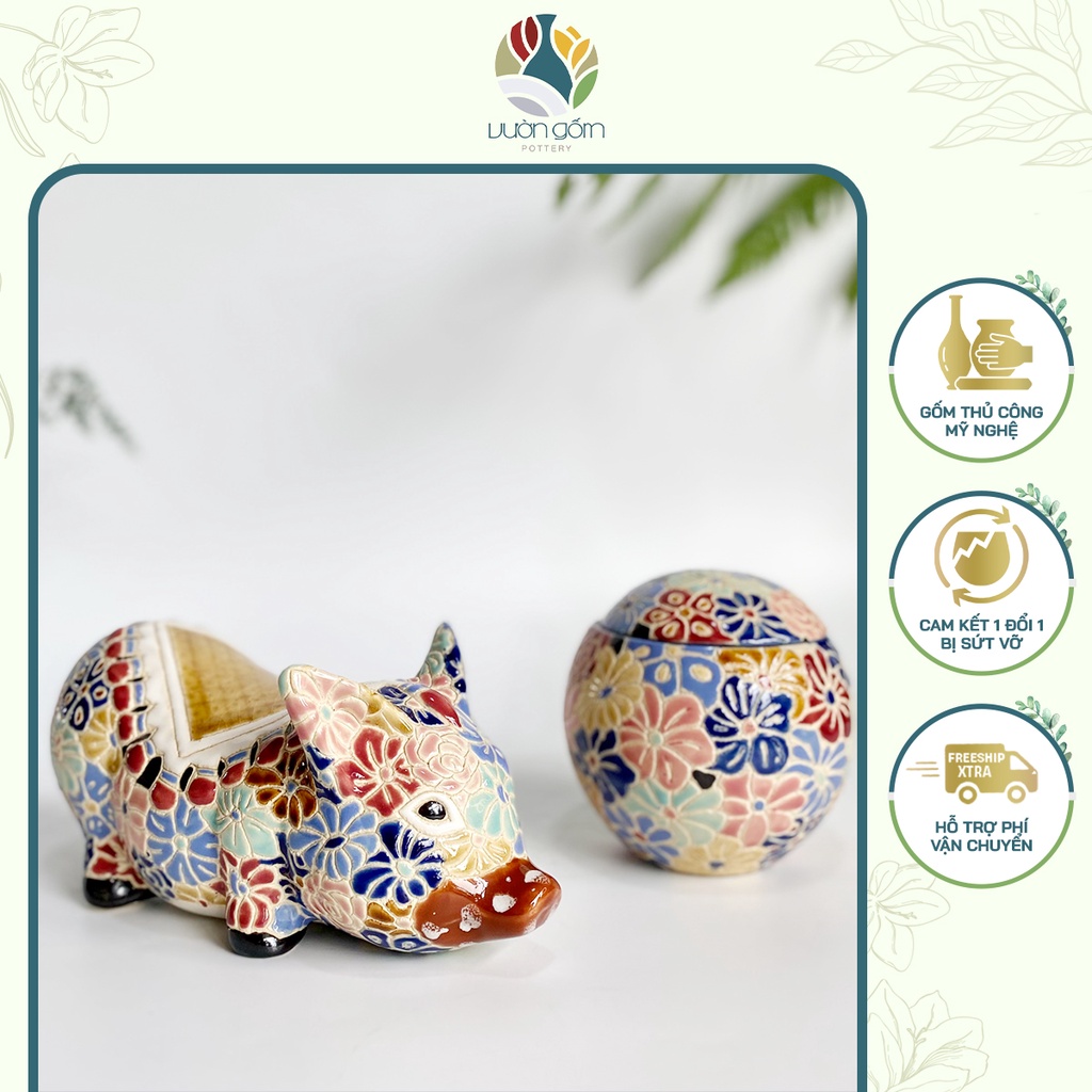 Tượng heo gốm bách hoa, lợn tiết kiệm decor trang trí Vườn Gốm - The Garden