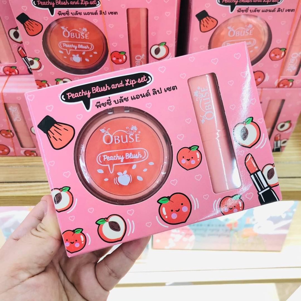 Bộ Má Hồng+ Son Thỏi Tone Cam Đào Obuse Peachy Blush and Lip Set