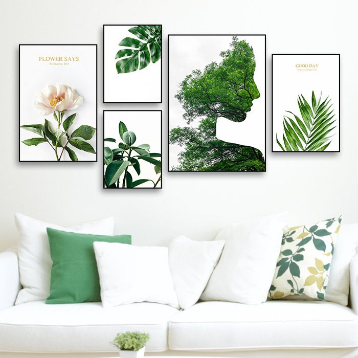 Tranh treo tường canvas cô gái &amp; lá xanh nghệ thuật decor trang trí phòng khách, phòng ngủ có khung cao cấp cỡ lớn 40x60