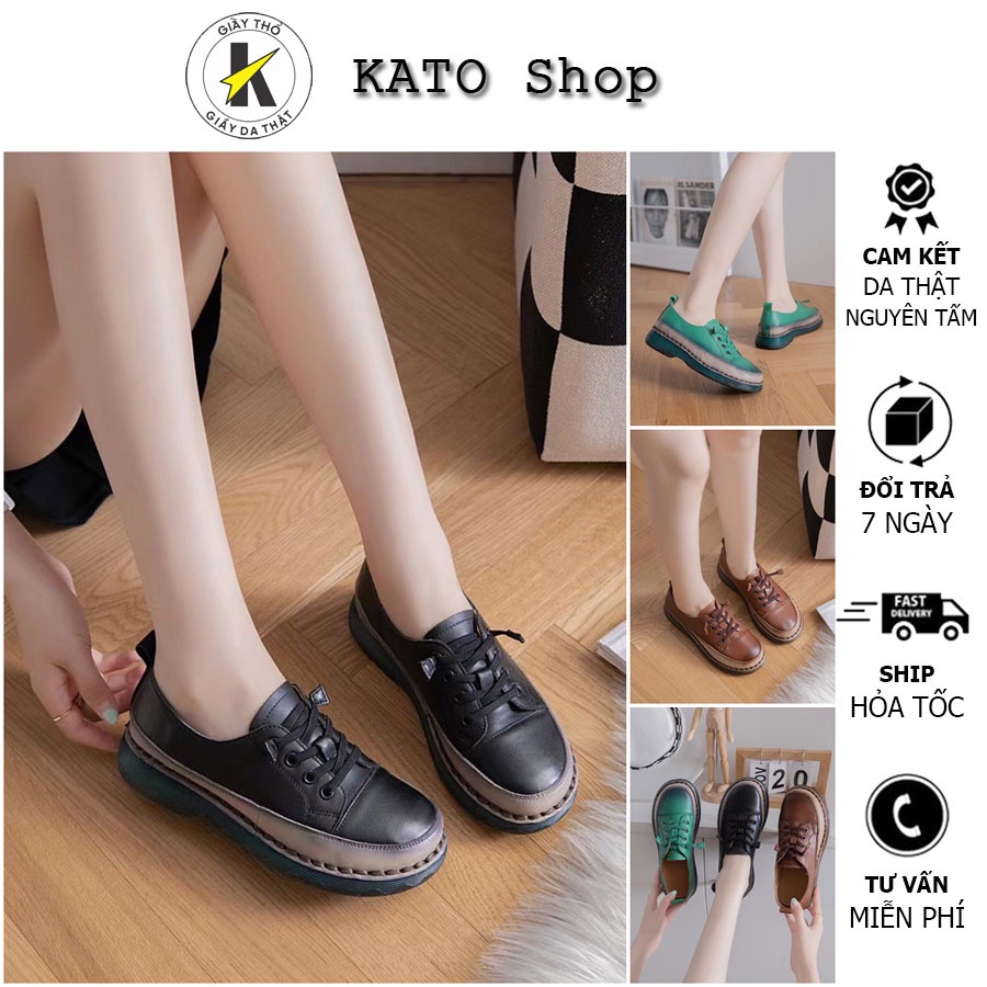Giày Thể Thao Nữ - Dáng Convese - Da Thật Đế Khâu Mềm Êm - 3 Màu Nâu Xanh Đen - KATO Shop K646