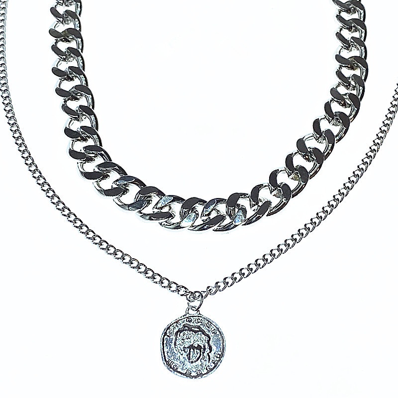 Dây chuyền 19306 hai lớp mặt chân dung bằng kim loại phong cách hip-hop cổ điển
