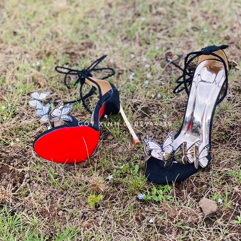 Sandal cao gót đính bướm cột dây