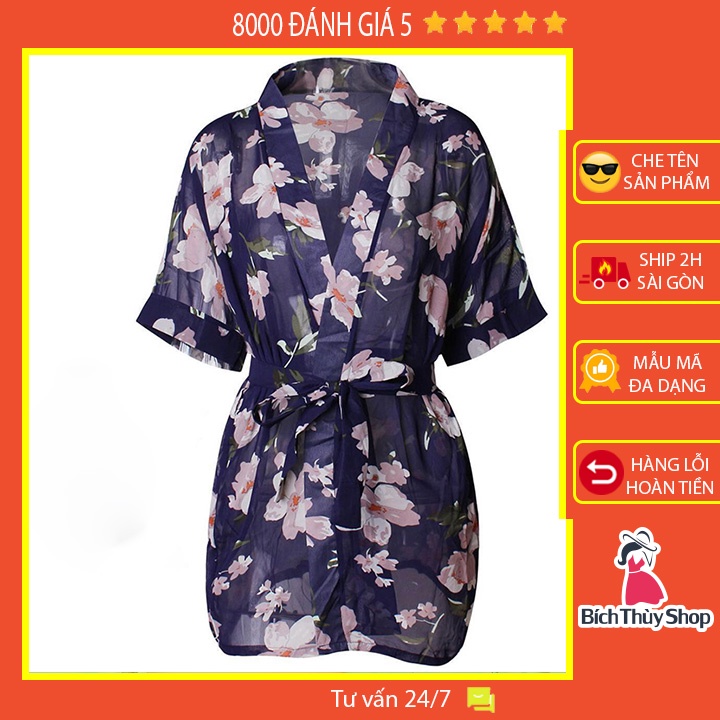 Áo choàng ngủ xuyên thấu sexy tay ngắn kiểu kimono in hoa sang trọng BT42229