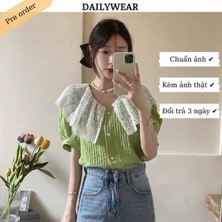 Áo sơ mi kiểu tay bồng cúc ngọc phối cổ ren tiểu thư