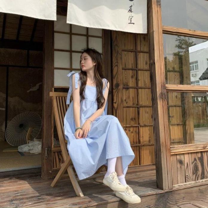 Đầm maxi 2 dây thắt nơ vai đáng yêu váy maxi đi biển hè siêu xinhh