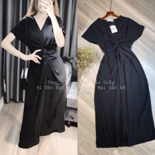 Đầm thun xoắn eo cổ V tay con siêu đẹp