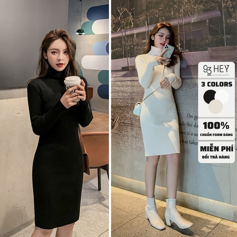 Váy Len Body Nữ Cao Cổ Dáng Lửng Dài Tay Cổ Lọ Hàng Quảng Châu H2C VL01