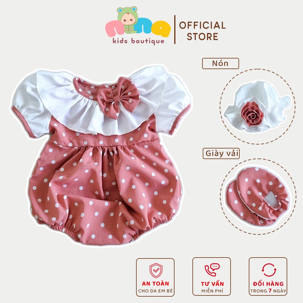 Bodysuit bé gái sơ sinh đầy tháng, thôi nôi kèm mũ và giày vải - Size 3 đến 13kg - Nina Kids Chuyên body cho bé