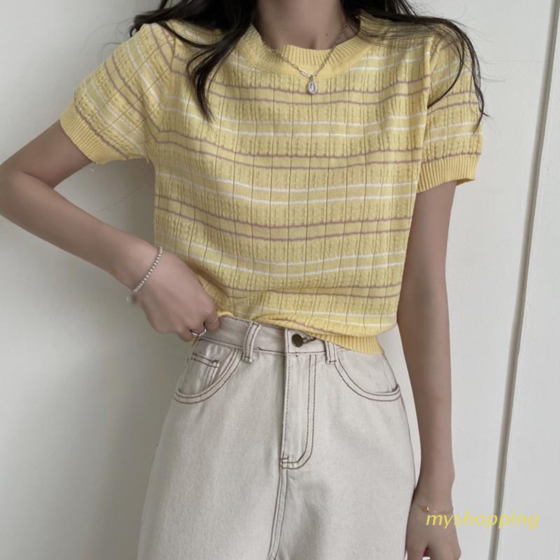 Áo Thun Dệt Kim Tay Ngắn Cổ Tròn Họa Tiết Kẻ Sọc Màu Sắc Tương Phản Thời Trang Cho Nữ