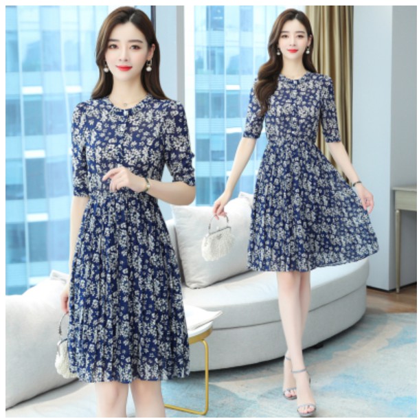 Đầm Midi Chiffon Chữ A Tay Lỡ Xếp Ly In Họa Tiết Hoa Thanh Lịch Thời Trang Xuân Hè Phong Cách Hàn Quốc Cho Nữ