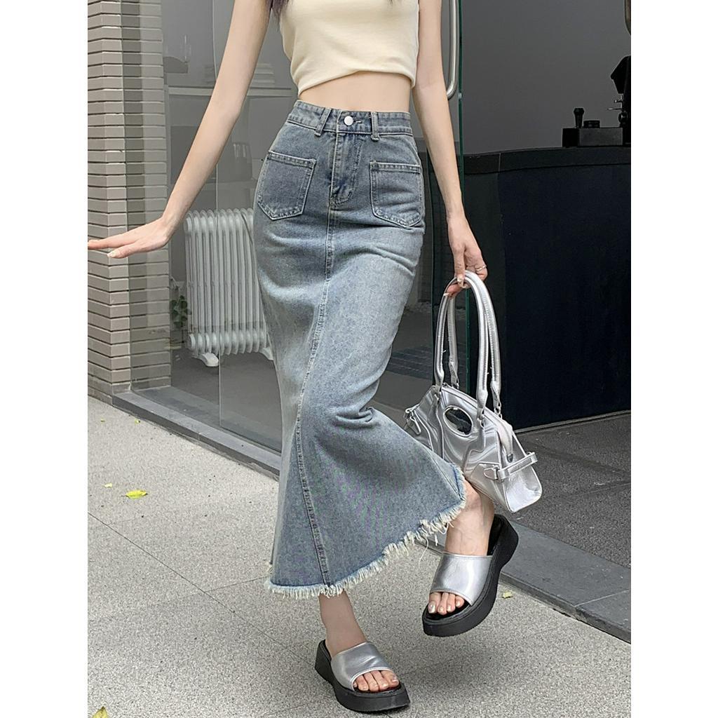 Lalisas Chân váy jean Đuôi Cá Dài Lưng Cao Phối Túi Phong Cách retro Cho Nữ