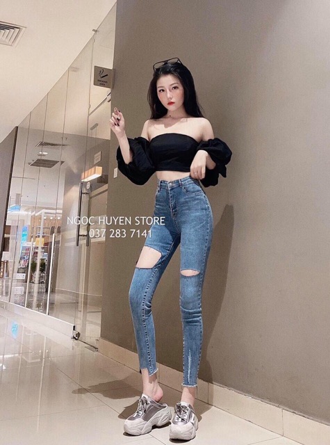 Quần jeans rách ô lưng cao co giãn ♥️FREESHIP♥️ Quần legging jean ôm cạp cao rách was ulzzang quảng châu kèm ảnh thật