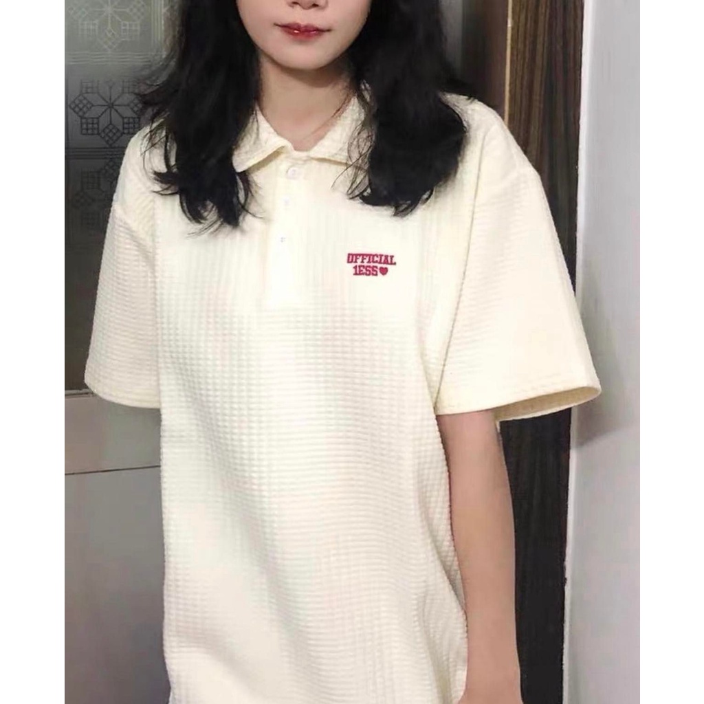 Áo Polo Thun Xốp 1ESS Nữ  🌸 Phông form rộng tay lỡ thêu chữ đỏ 3158 kiểu đường phố hàn quốc Ulzzang 🌸