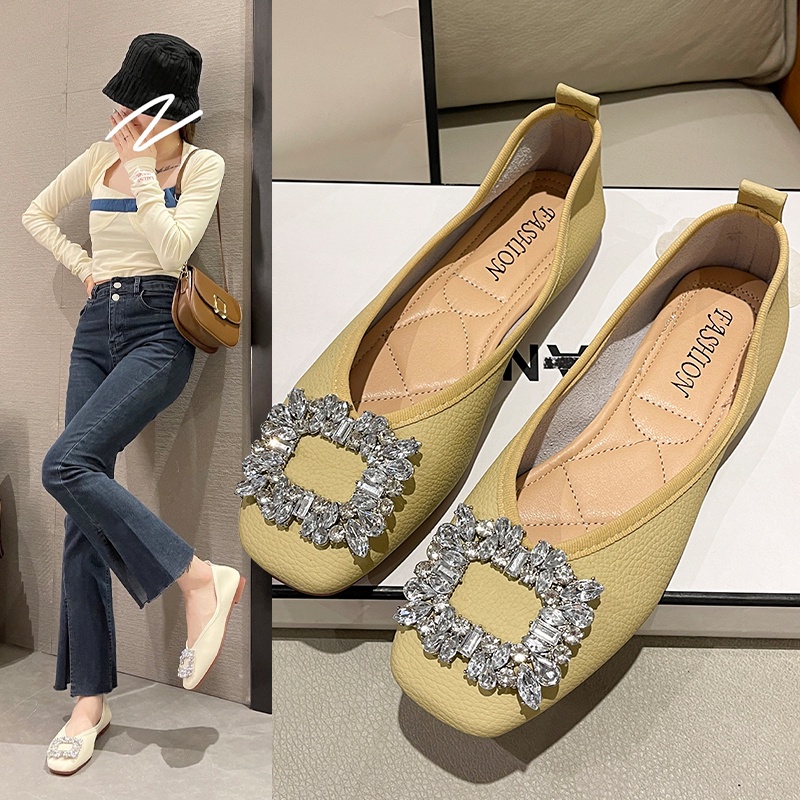 Giày Búp Bê Da Đế Bằng Mũi Vuông Đính Pha Lê Thời Trang Công Sở Cho Nữ