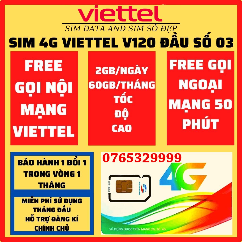 Sim 4G Viettel V120 2Gb/Ngày Giá Rẻ Trọn Gói 1 Năm Miễn Phí Data 1 Năm