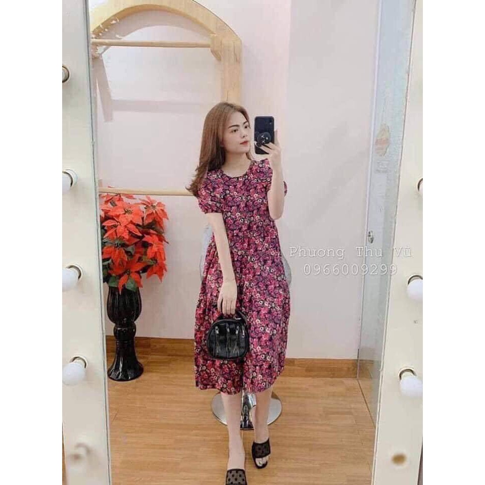 Váy bầu Đầm bầu hoa nhí tím dáng xuông thiết kế nữ tính Kiểu dáng thời trang trẻ trung năng động size dưới 80kg bigsize