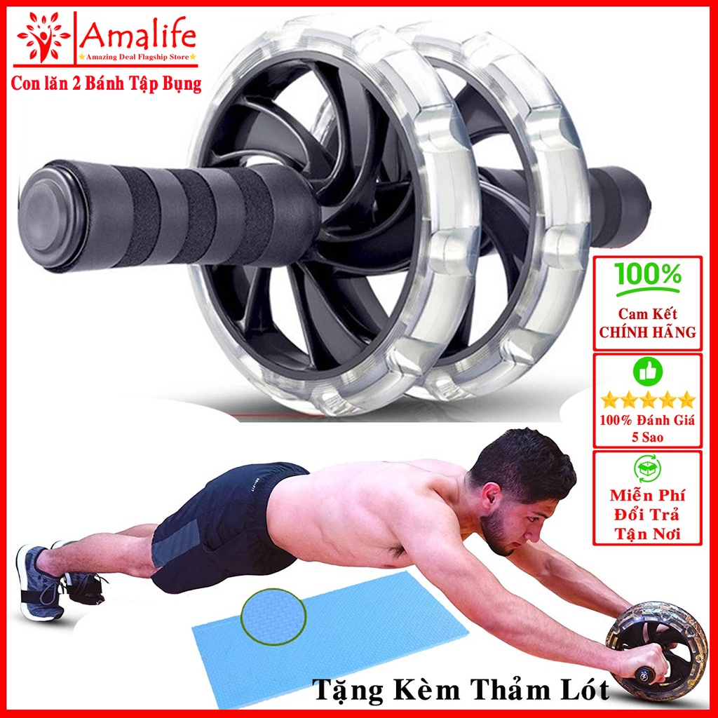 Con Lăn Tập Bụng 2 Bánh Cao Cấp Amalife – Kèm Thảm Lót – Dụng Cụ 2 Bánh Tập Cơ Bụng 6 Múi Bọc ABS Dẻo Bám Sàn