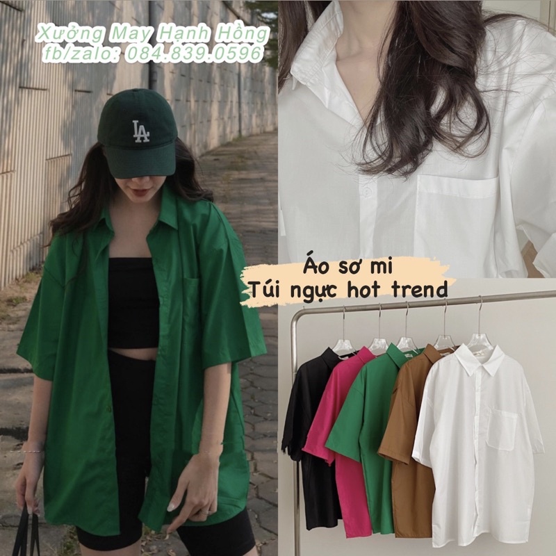 Áo sơ mi cộc tay trơn 5 màu oversize, Áo sơ mi học sinh nữ