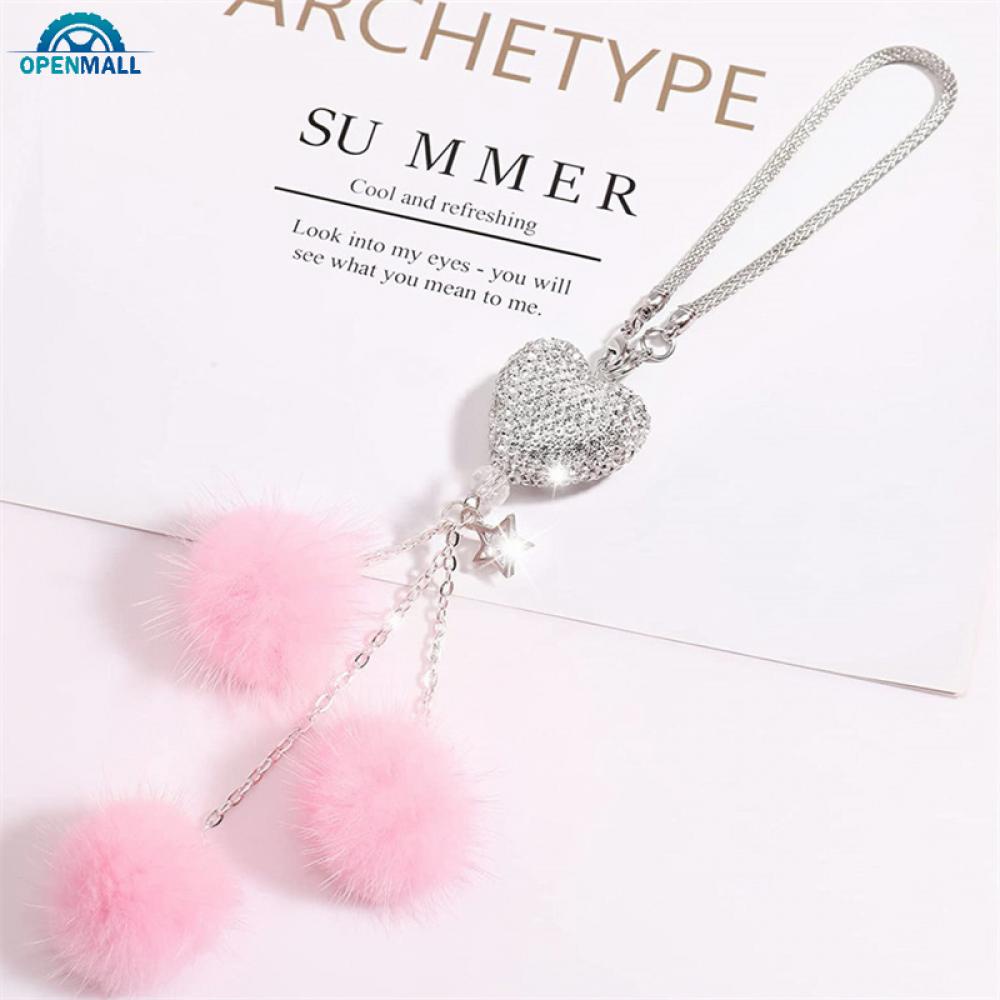 Phụ Kiện Treo Trang Trí Gương Chiếu Hậu Xe Hơi Hình Trái Tim Đính Đá Phối Cục Bông Xi