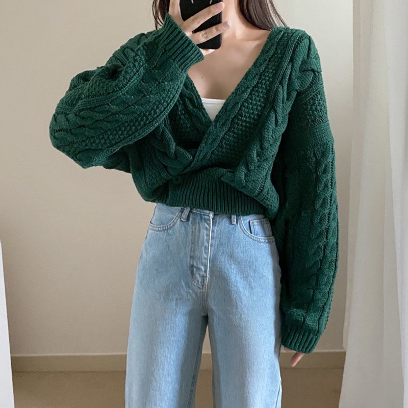 Áo Sweater Tay Dài Phong Cách Retro 185246 Áo Khoác Dệt Kim Dáng Ngắn Phối Nút Xoắn Kiểu Hàn Quốc
