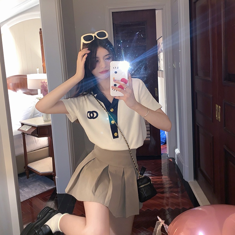 Áo Thun POLO Ngắn Tay Màu Sắc Tương Phản Phong Cách Hàn Quốc Dành Cho Nữ