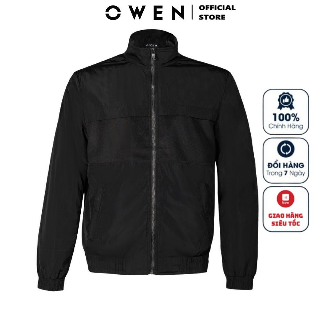Áo Khoác Gió Nam 2 Lớp Owen JK220708 Jacket Dáng Suông Cổ Đứng Bo Tay và Gấu Màu Đen Trơn Vải Polyester Cao Cấp