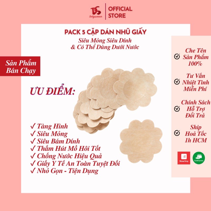 Pack 5 Cặp Dán Nhũ Giấy Siêu Mỏng Siêu Dính, , Miếng Dán Ti Có Thể Dùng Dưới Nước