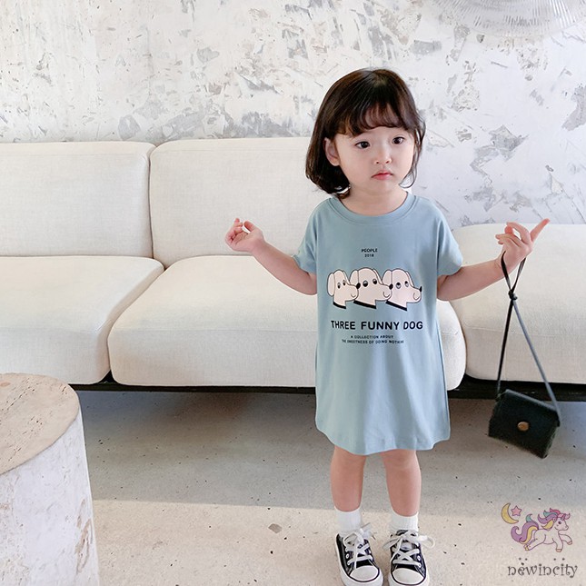 Đầm thun in họa tiết hoạt hình phong cách Hàn Quốc thời trang mùa hè cho bé gái