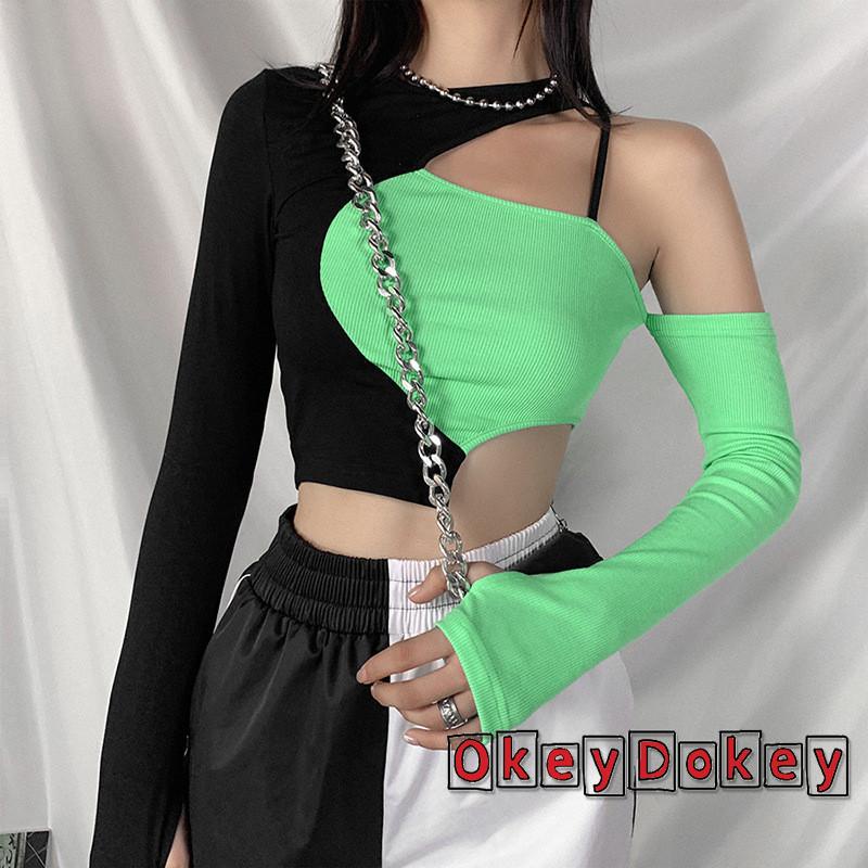 Áo Thun Crop Top Tay Dài Trễ Vai Cổ Tròn Phong Cách Đường Phố Gợi Cảm Cho Nữ