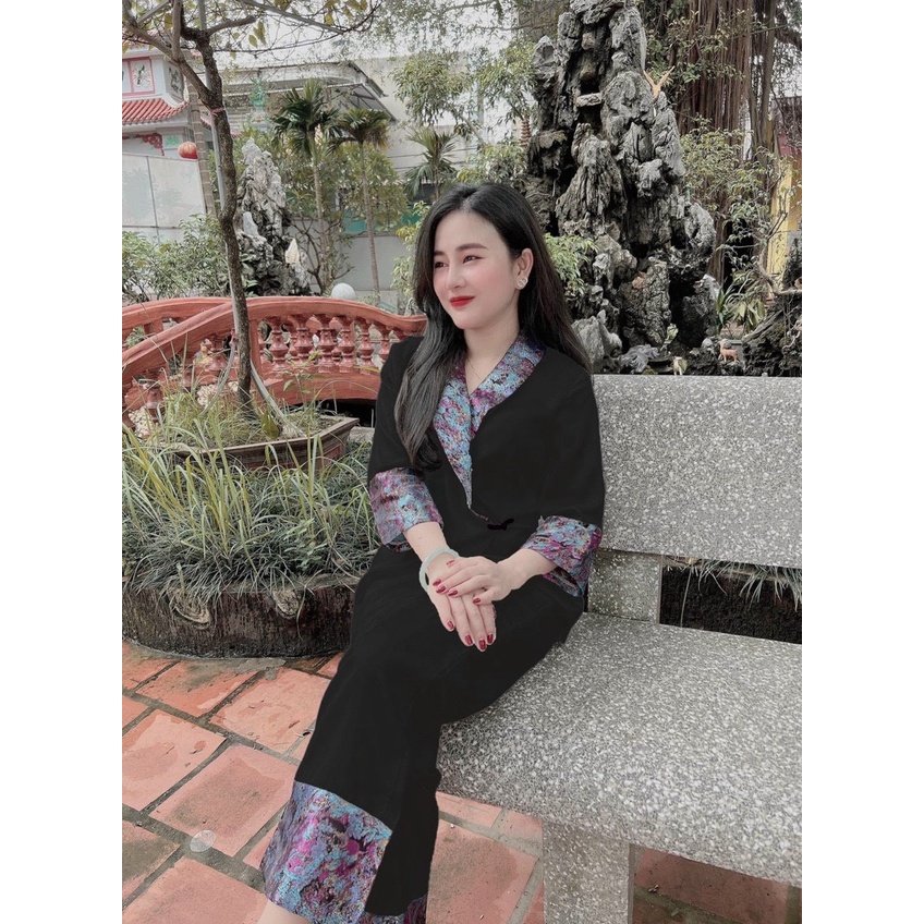Bộ lam lụa gấm đi chùa, bộ phật tử viền phối gấm cài chéo tay lỡ cao cấp