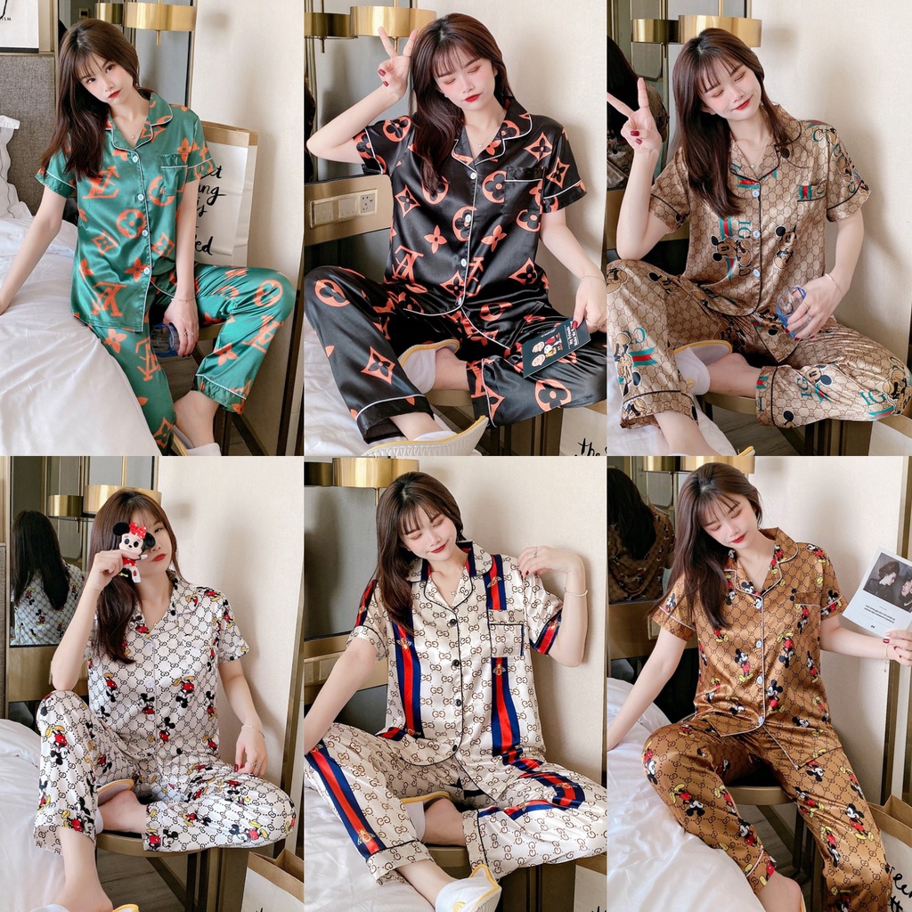 Đồ Ngủ Lụa Tay Ngắn In Hình Dễ Thương Cho Nữ Váy ngủ 2 dây đồ ngủ lụa cao cấp