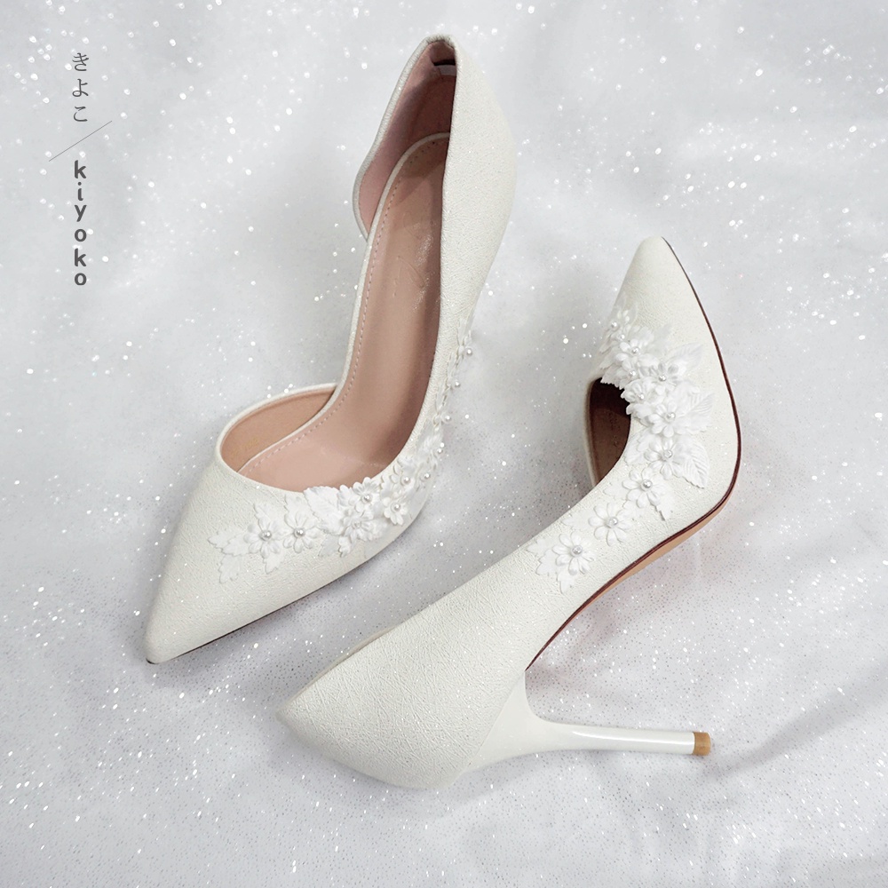 Giày cưới Kiyoko hở eo đính HOA TUYẾT ANH cao 9cm