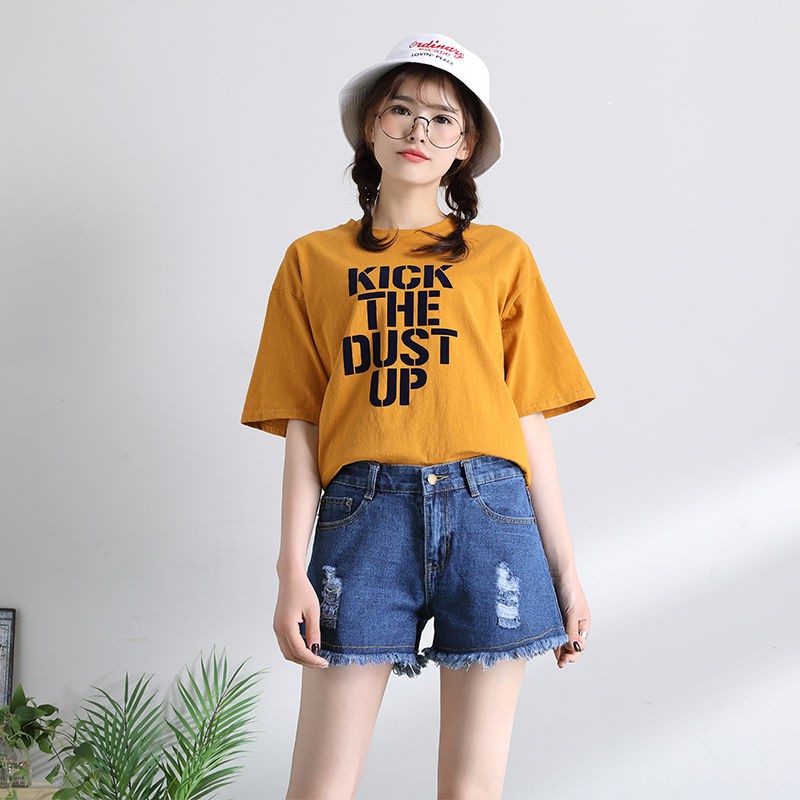 Quần jean♨denim kiểu mới quần short nữ học sinh mùa hè phiên bản Hàn Quốc cạp cao, xẻ tà, ống rộng, trễ, tất hot