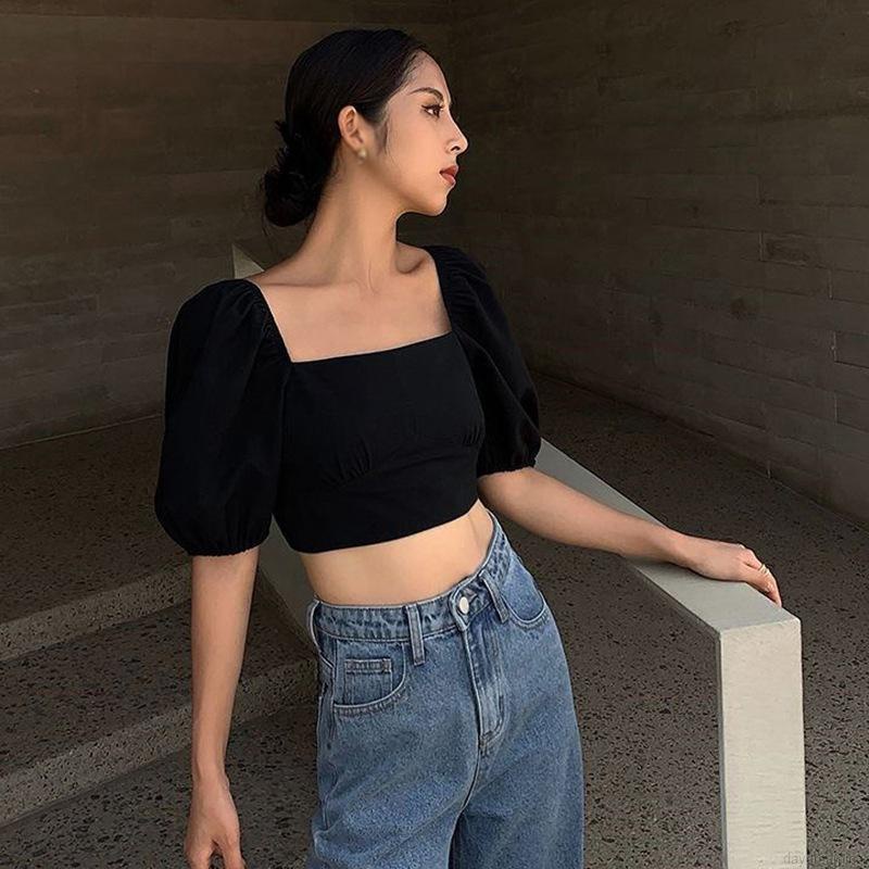 Áo croptop ngắn tay cổ vuông hở lưng màu sắc thanh lịch thời trang