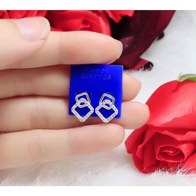 Bông tai nữ bạc ta vuông lồng đính đá sang chảnh - Kho sỉ bạc Nhất Linh