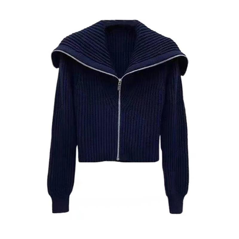 CHANEL Áo Khoác Cardigan Dệt Kim Cổ Thủy Thủ Dáng Ngắn Phối Khóa Kéo Thời Trang Cho Nữ