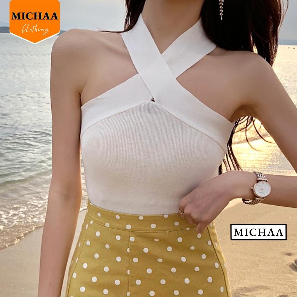 Áo Croptop YẾM 2 DÂY ĐẮP CHÉO BẢN TO Nữ Thun Gân, Áo Chéo Cổ - MICHAA