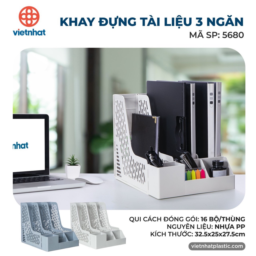Giá đựng tài liệu 3 ngăn kèm khay để bút Việt Nhật (5680), Khay đựng hồ sơ tài liệu văn phòng để bàn