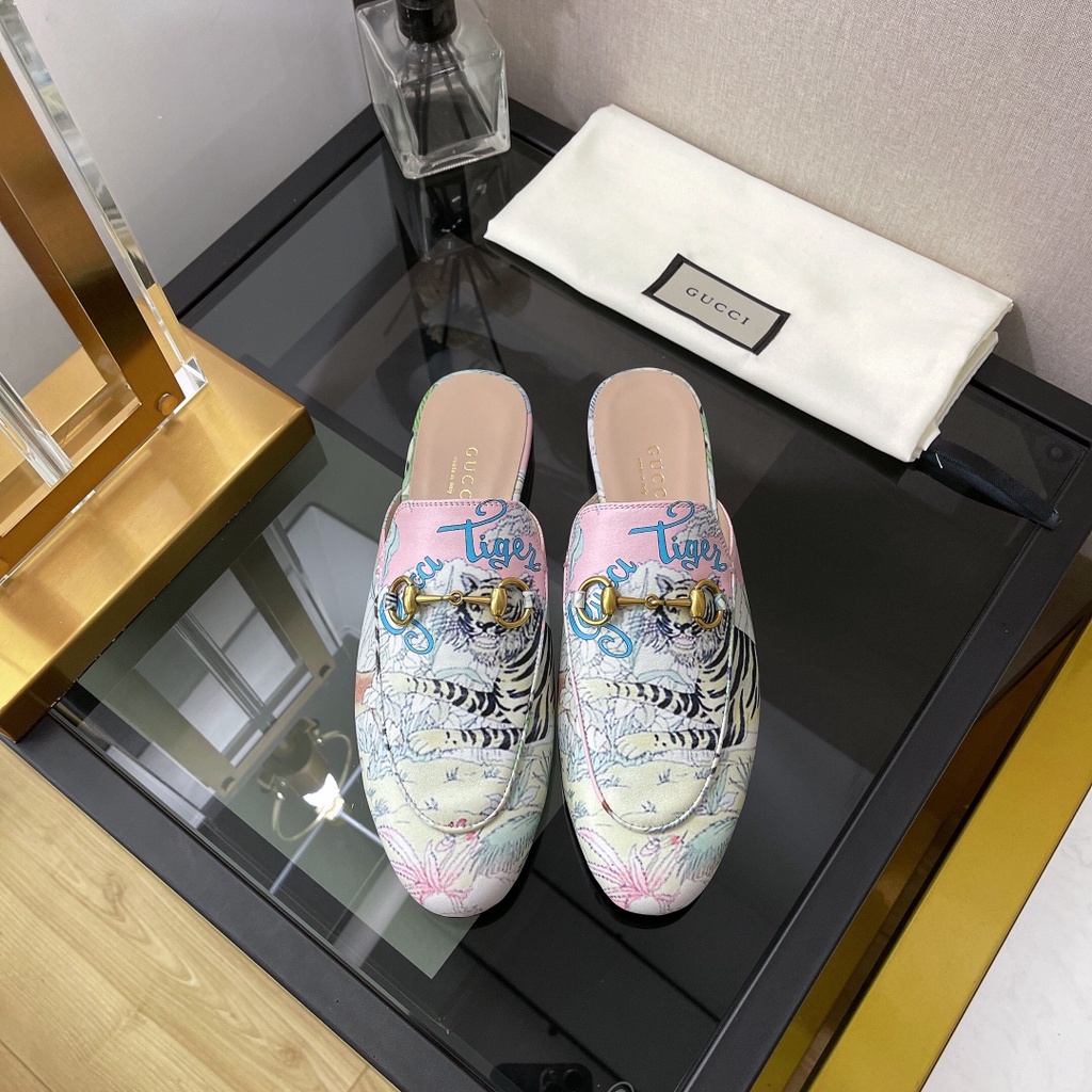 Giày sục nữ da thật thời trang cao cấp Gucci GG GC thiết kế in hình con hổ, phong cách cá tính