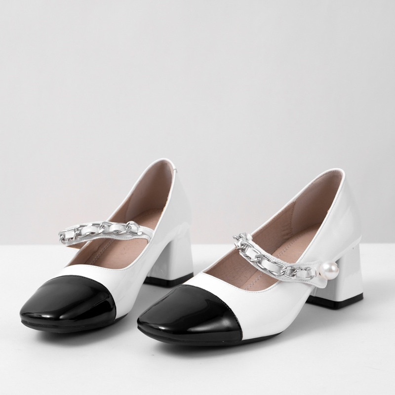 [JOIEHOME] Giày maryjane trắng mũi đen chất da bóng mềm
