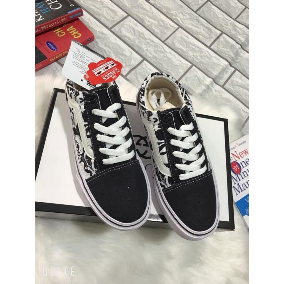 Giày sneakers VANS OLD SKOOL Cổ Thấp In Hình Đầu Lâu Màu Trắng Đen Cá Tính Cho Nam Và Nữ