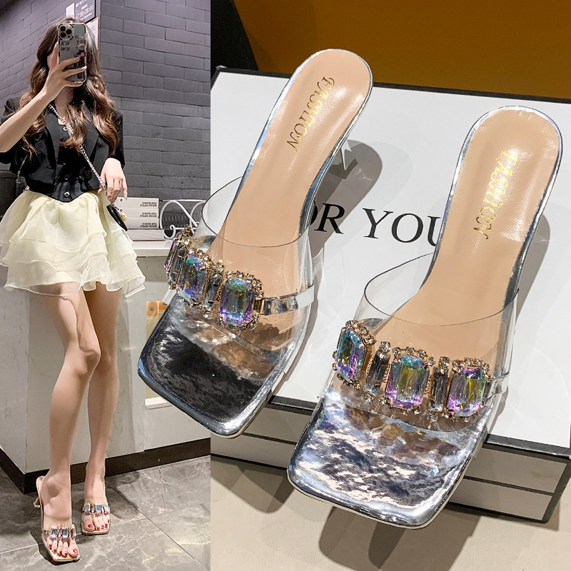 Dép Cao Gót Quai Trong Suốt Đính Đá Thời Trang Mùa Hè Dành Cho Nữ