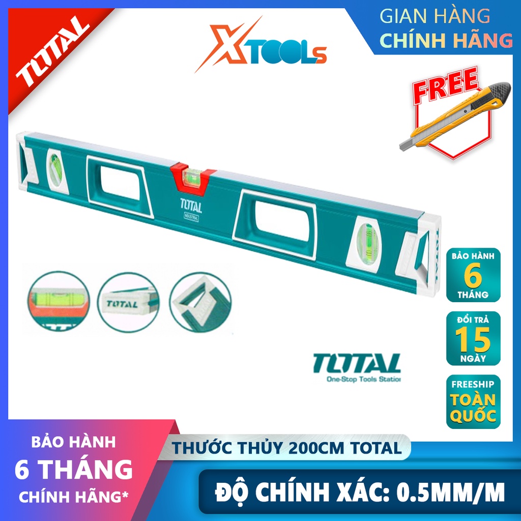 Thước thủy TOTAL TMT22006 | thước nivo Chiều dài 200cm, Độ chính xác 0,5mm, Độ dày 1,5mm Khe hình chữ V để đo các vật th