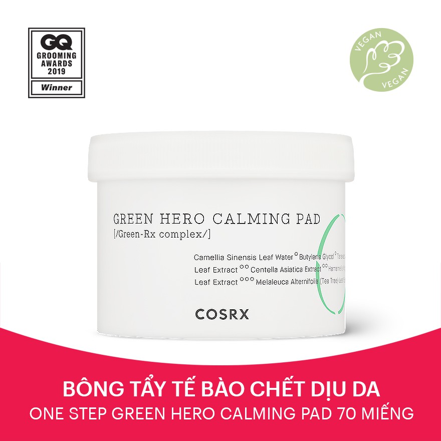 Bông Tẩy Tế Bào Chết Hoá Học Dưỡng Ẩm Và Dịu Da Cho Da nhạy Cảm COSRX One Step Green Hero Calming Pad 70 miếng