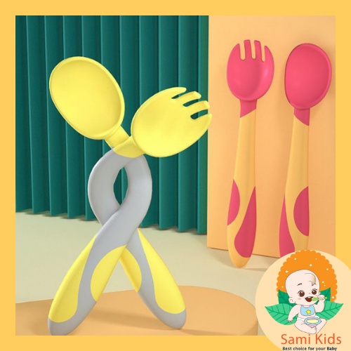 Thìa dĩa tập xúc silicon Misuta, muỗng nĩa uốn cong an toàn cho bé ăn dặm SAMI KIDS