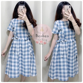 [Ảnh thật] Đầm xoè caro xanh cột nơ eo ulzzang