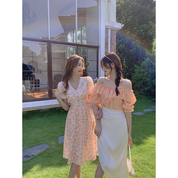 SET ÁO VOAN CAM BÈO DÂY HẠT + CHÂN VÁY XẾP XÉO LỆCH