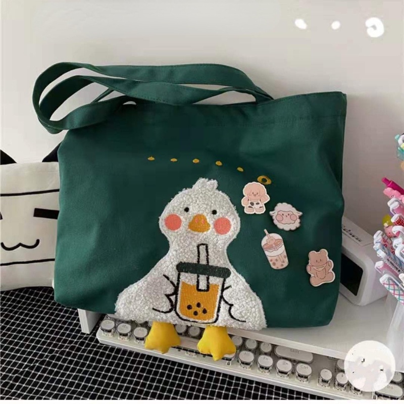 Túi Đeo Vai Vải Canvas Cỡ Lớn In Hình Vịt Hoạt Hình Phong Cách Hàn Quốc Dễ Thương Cho Học Sinh